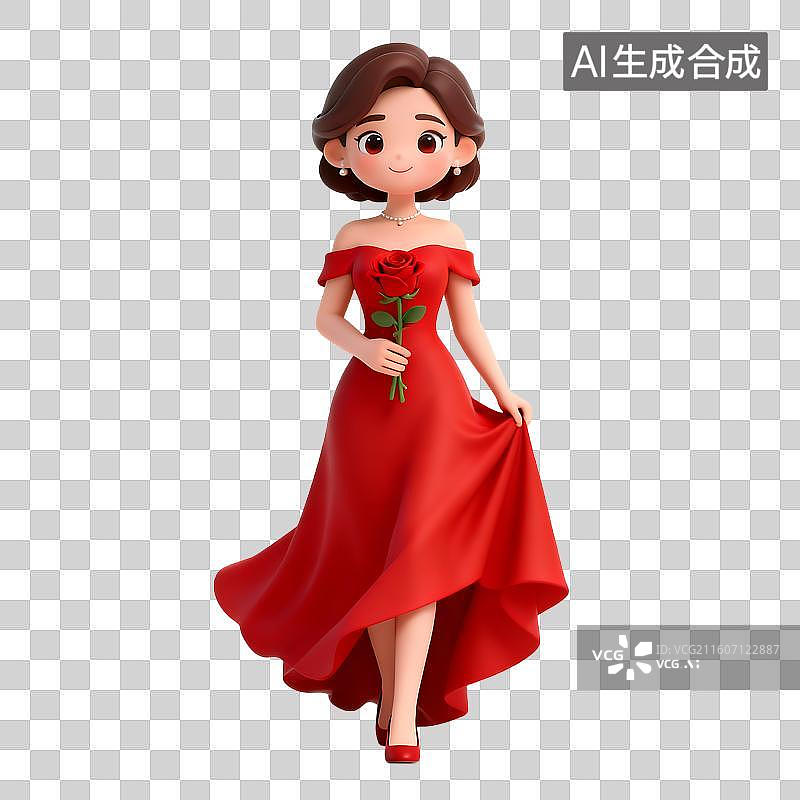 【AI数字艺术】穿红色礼服手持玫瑰的卡通女孩图片素材