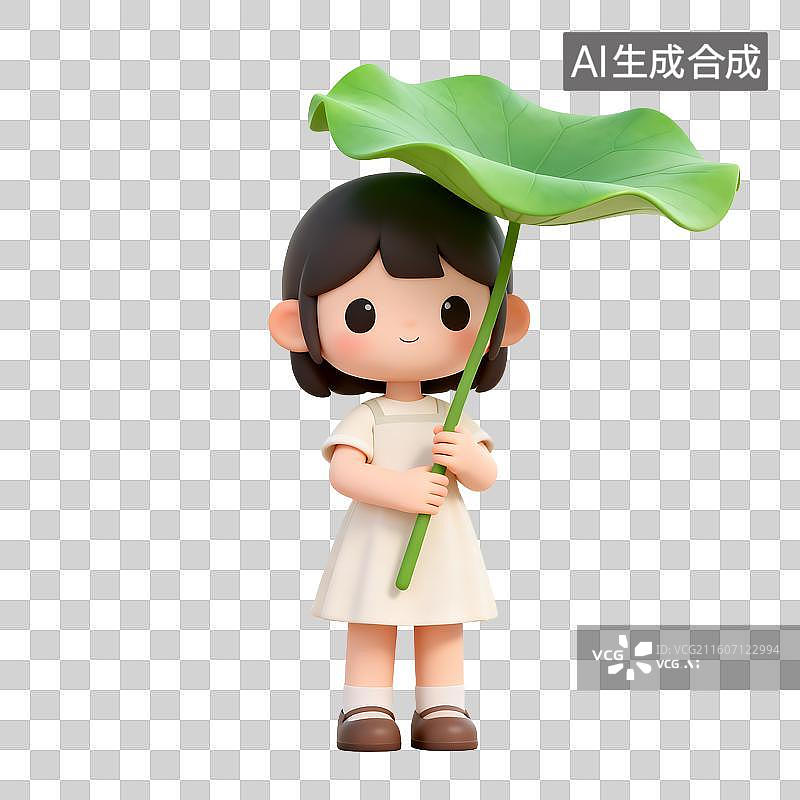 【AI数字艺术】手持荷叶的可爱卡通女孩图片素材