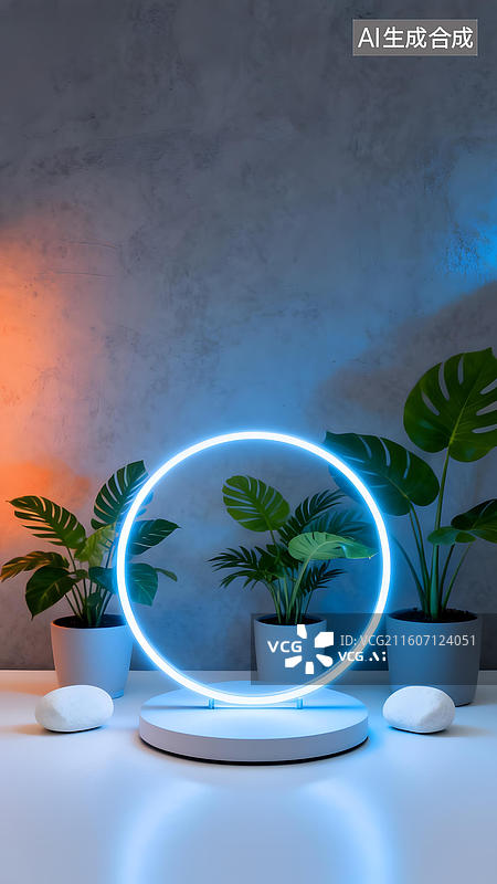 【AI数字艺术】发光环形灯与绿植装饰图片素材