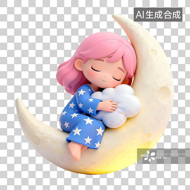 【AI数字艺术】粉色头发女孩睡在月牙上图片素材