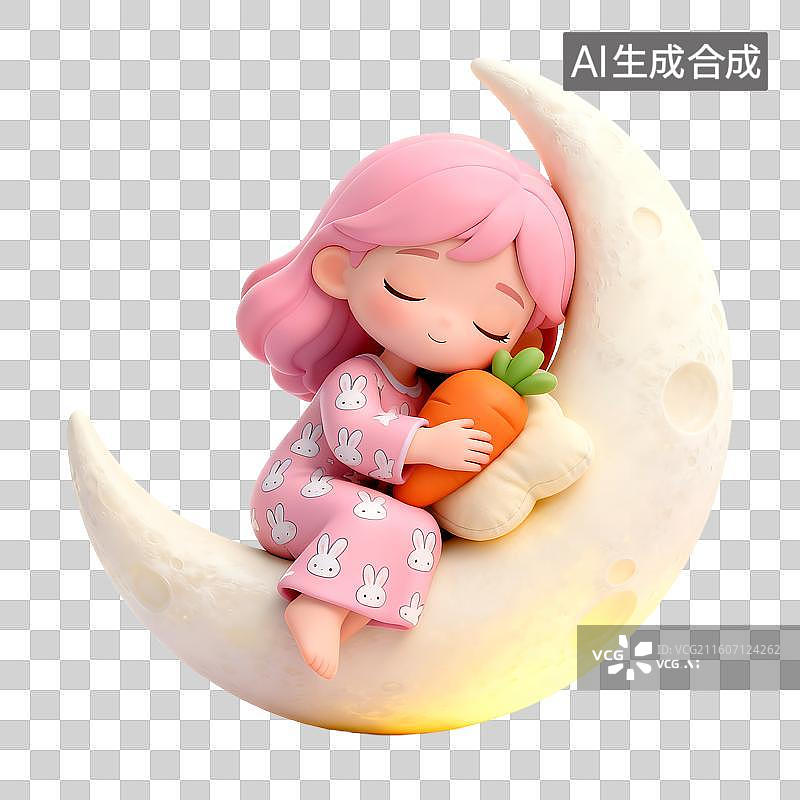 【AI数字艺术】粉色头发女孩趴在月亮上睡觉图片素材