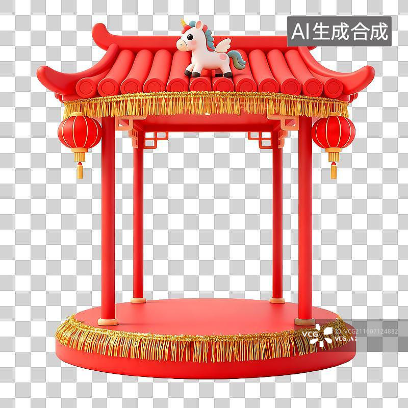 【AI数字艺术】红色中式亭子带独角兽装饰图片素材