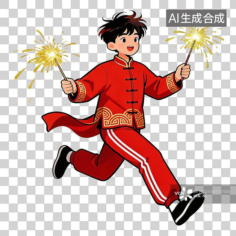 【AI数字艺术】手拿烟花的男生插画图片素材