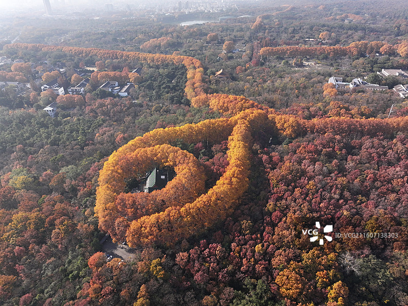航拍中国江苏南京钟山风景名胜区美龄宫“金色项链”色彩斑斓风景如画图片素材