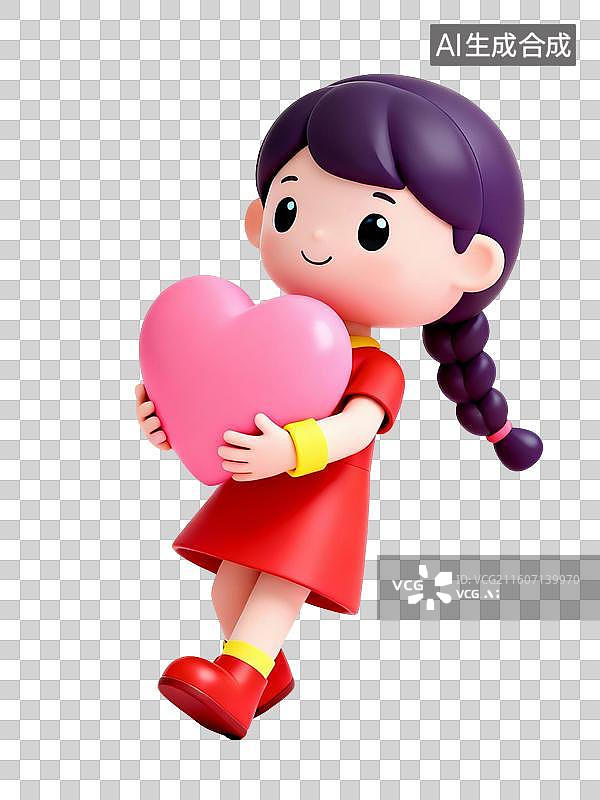 【AI数字艺术】3D卡通女孩抱爱心图片素材