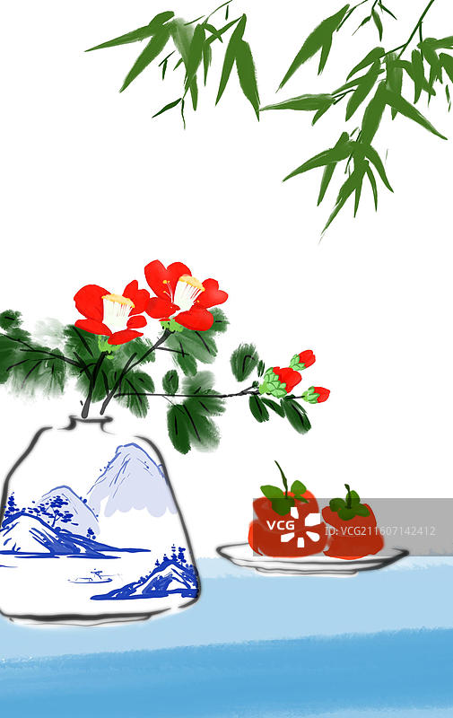 中国风 水墨画 高雅 插图 茶花 柿子 秋天 竹叶图片素材