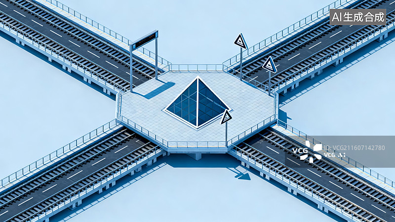 【AI数字艺术】交叉铁路轨道与站台俯视图图片素材