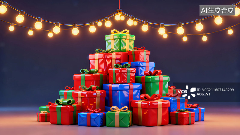 【AI数字艺术】堆叠的圣诞礼物与灯串图片素材