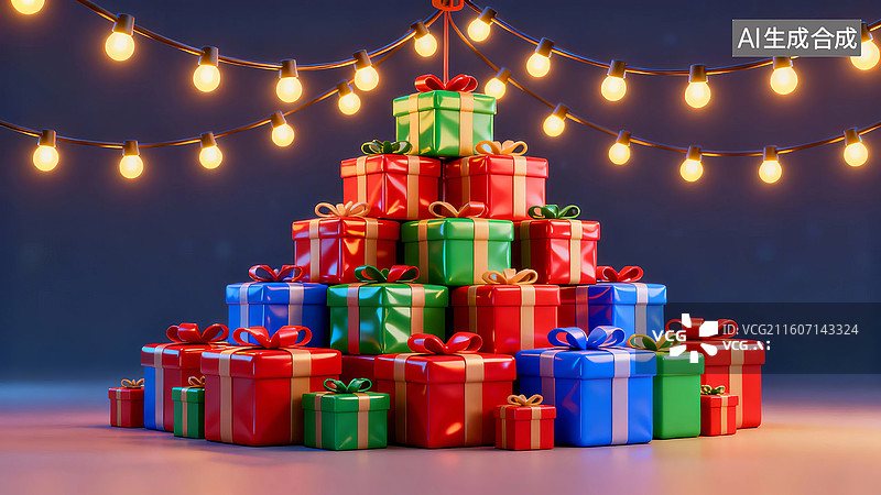 【AI数字艺术】彩灯下的礼物堆叠图片素材