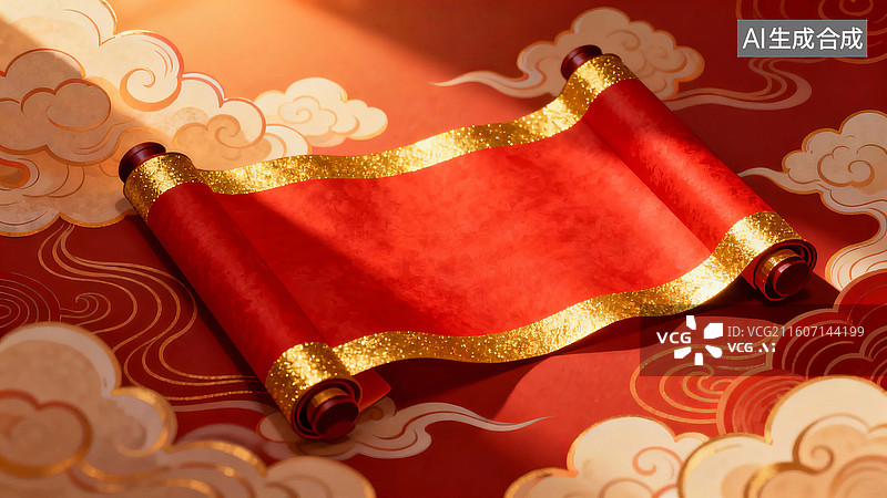 【AI数字艺术】红色卷轴与祥云图案图片素材
