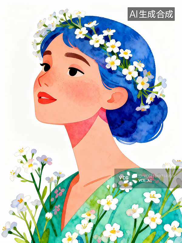 【AI数字艺术】美女和满天星  复古水彩大头像系列图片素材