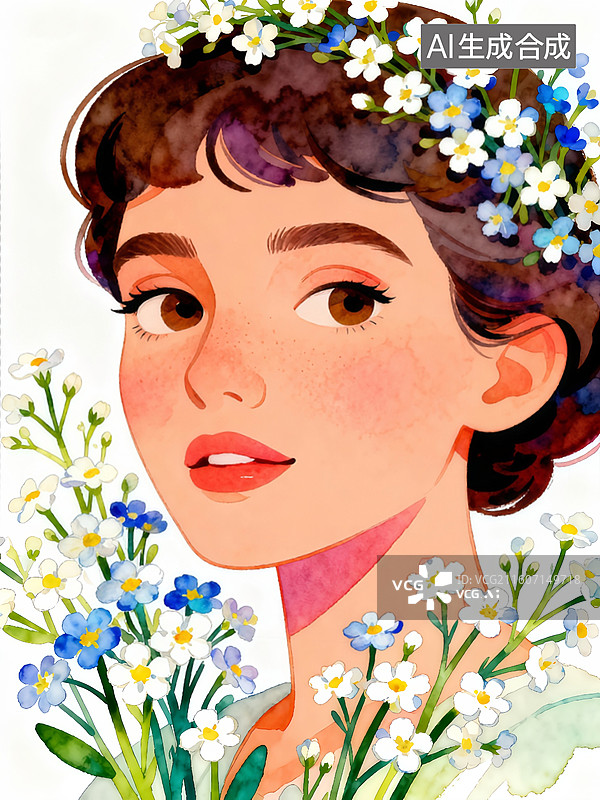 【AI数字艺术】美女和满天星  复古水彩大头像系列图片素材