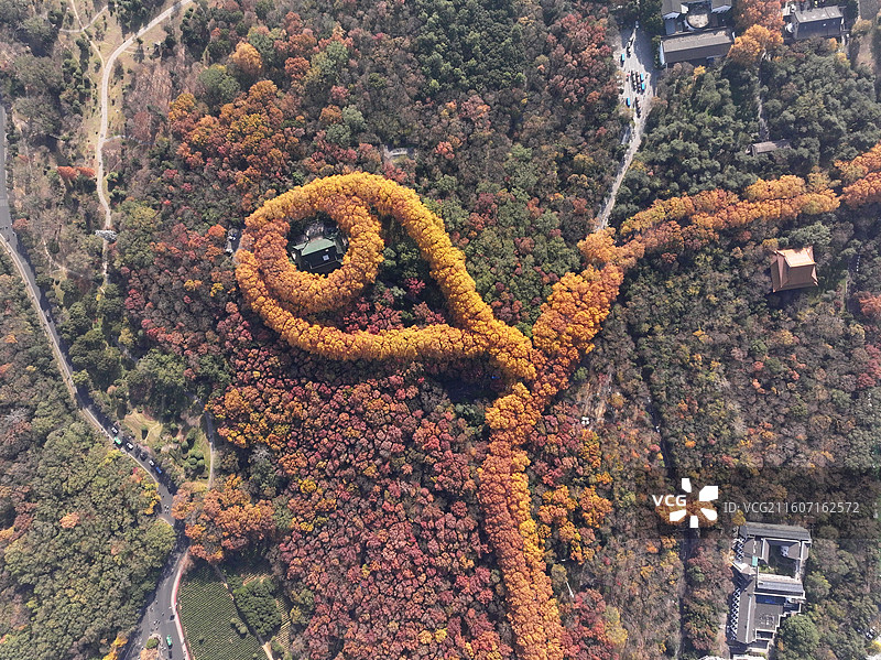 航拍中国江苏南京钟山风景名胜区美龄宫“金色项链”色彩斑斓风景如画图片素材