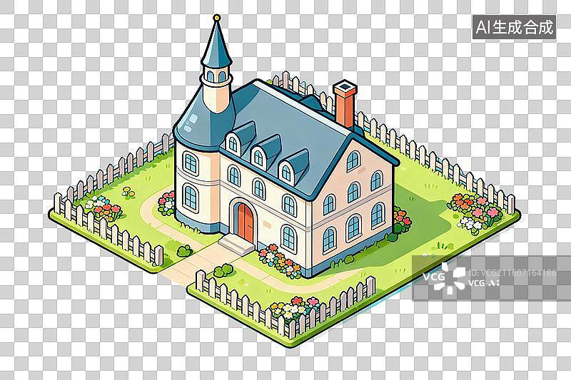 【AI数字艺术】卡通风格，一座西式庄园PNG格式的免扣元素图片素材