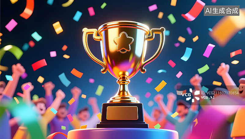 【AI数字艺术】冠军奖杯在彩带飞舞的庆祝时刻闪耀光芒图片素材
