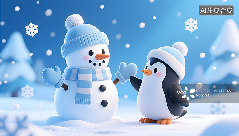 【AI数字艺术】雪人小企鹅堆雪球冬季仙境图片素材