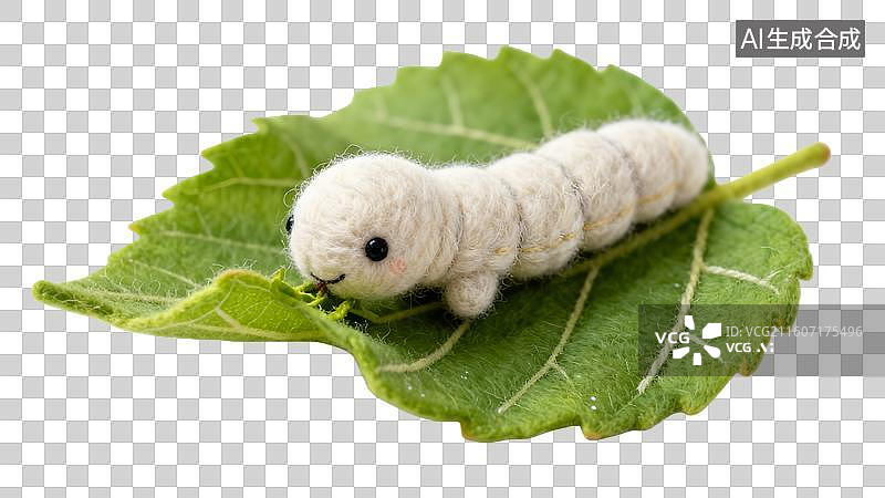 【AI数字艺术】吃桑叶的蚕宝宝  3D毛毡风谷雨节气桑叶上的蚕图片素材