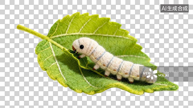 【AI数字艺术】吃桑叶的蚕宝宝  3D毛毡风谷雨节气桑叶上的蚕图片素材