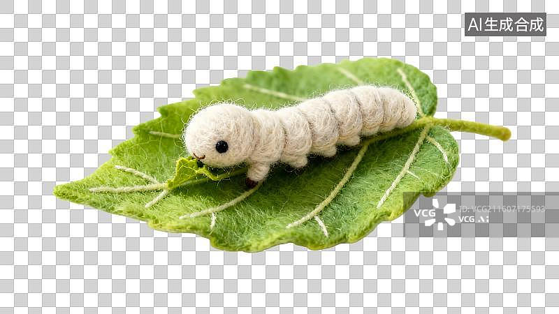 【AI数字艺术】吃桑叶的蚕宝宝  3D毛毡风谷雨节气桑叶上的蚕图片素材