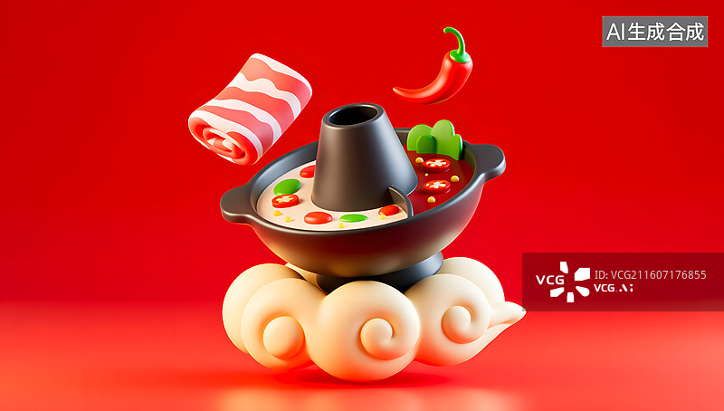 【AI数字艺术】国潮火锅食材立体特写渲染图片素材