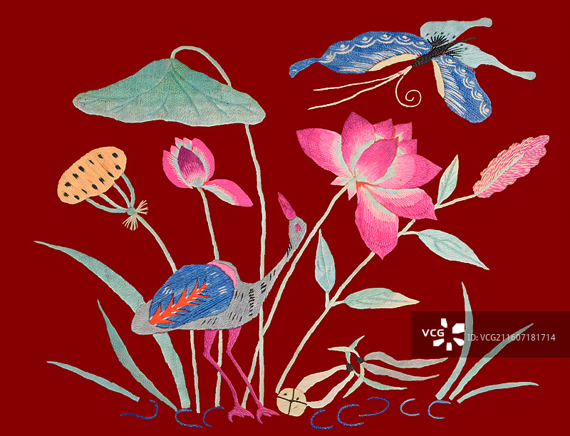 荷花蝴蝶纹，刺绣，图案，设计素材图片素材