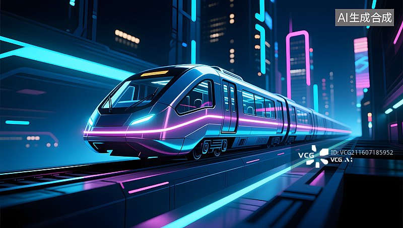 【AI数字艺术】未来磁悬浮列车疾驰穿梭霓虹都市夜空图片素材