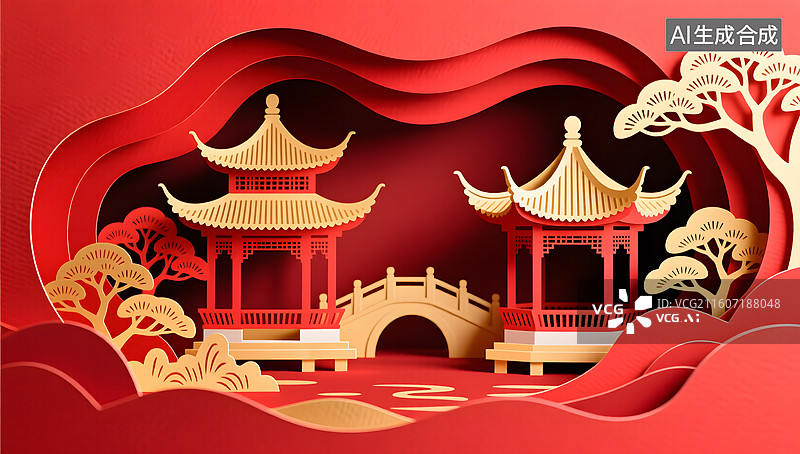 【AI数字艺术】剪纸园林在多层空间中展现东方雅致图片素材