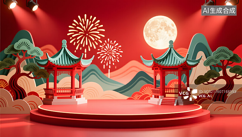 【AI数字艺术】中式亭台楼阁映月烟花喜庆图片素材
