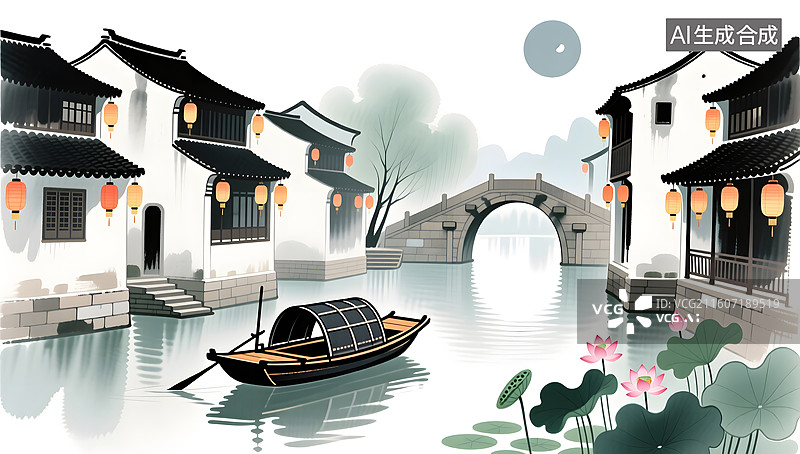 【AI数字艺术】江南水乡古镇小桥灯笼景图片素材