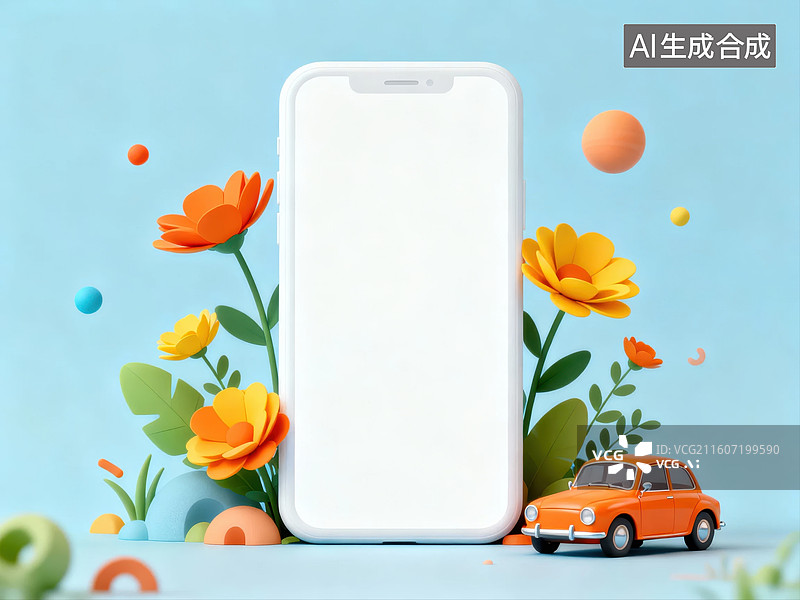 【AI数字艺术】手机与花卉玩具车场景图片素材