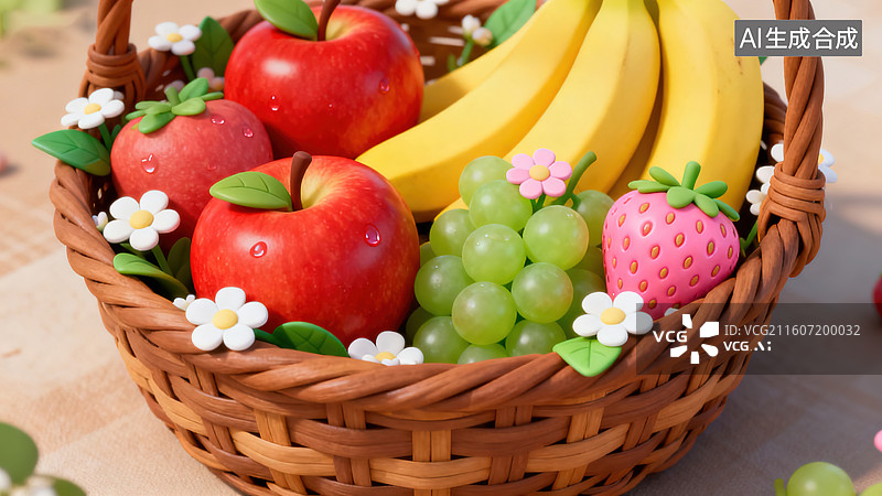 【AI数字艺术】简约可爱的藤编水果篮 3D 模型图片素材