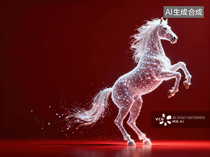 【AI数字艺术】发光粒子构成的白马跃起图片素材
