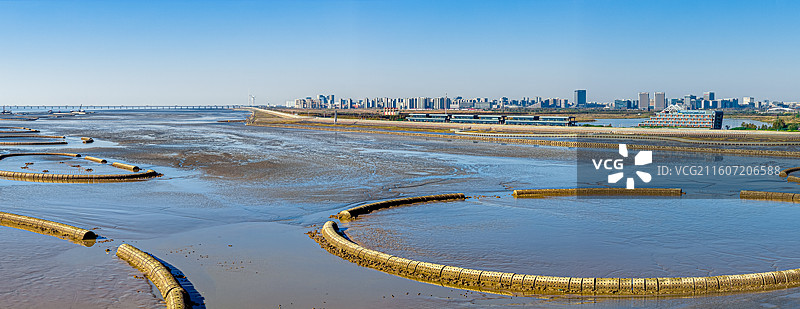 生态泡 潮间带圆形人工围堰浅水湿地 保护候鸟迁徙栖息环境 上海临港海洋生态修复 浦东南汇东滩湿地图片素材