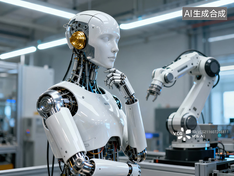 【AI数字艺术】人形机器人在工业环境中思考图片素材