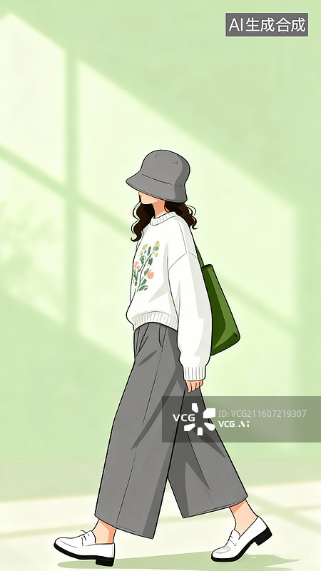 【AI数字艺术】背景是淡淡绿色的墙上有窗户的影子，阳光洒进来，一名女性身穿阔腿裤，戴渔夫帽，绿色挎包，手插兜大步行走图片素材