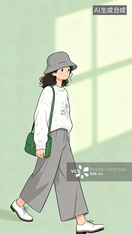 【AI数字艺术】背景是淡淡绿色的墙上有窗户的影子，阳光洒进来，一名女性身穿阔腿裤，戴渔夫帽，绿色挎包，手插兜大步行走图片素材