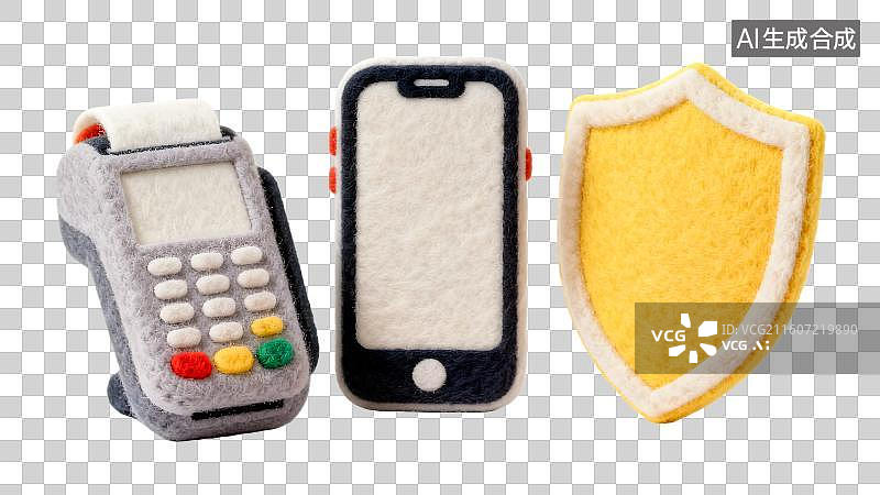 【AI数字艺术】网络支付安全  卡通毛毡风格的pos机与手机与盾牌  pos机与线上支付图片素材