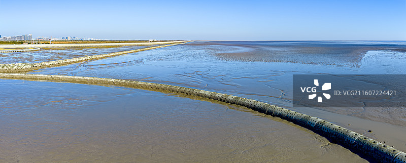 生态泡 潮间带圆形人工围堰浅水湿地 保护候鸟迁徙栖息环境 上海临港海洋生态修复 浦东南汇东滩湿地图片素材