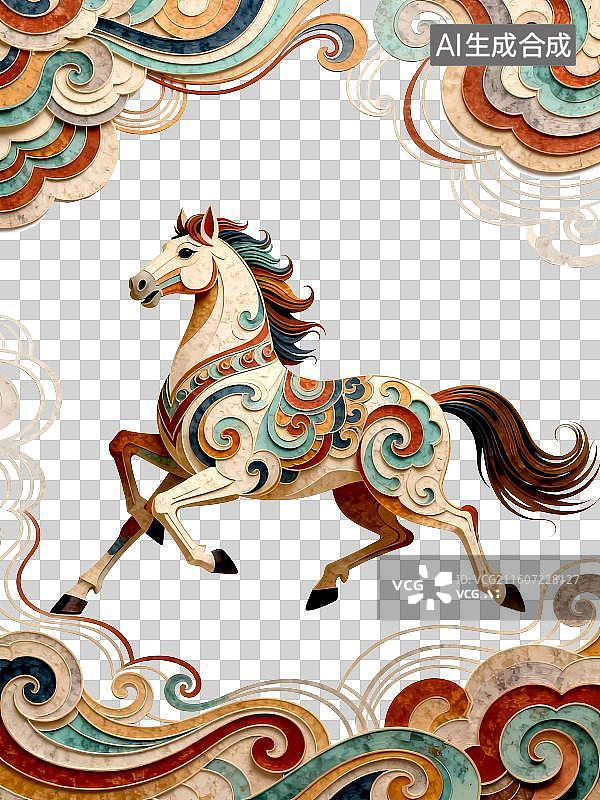 【AI数字艺术】国风卷草纹中的祥瑞金鬃马图片素材