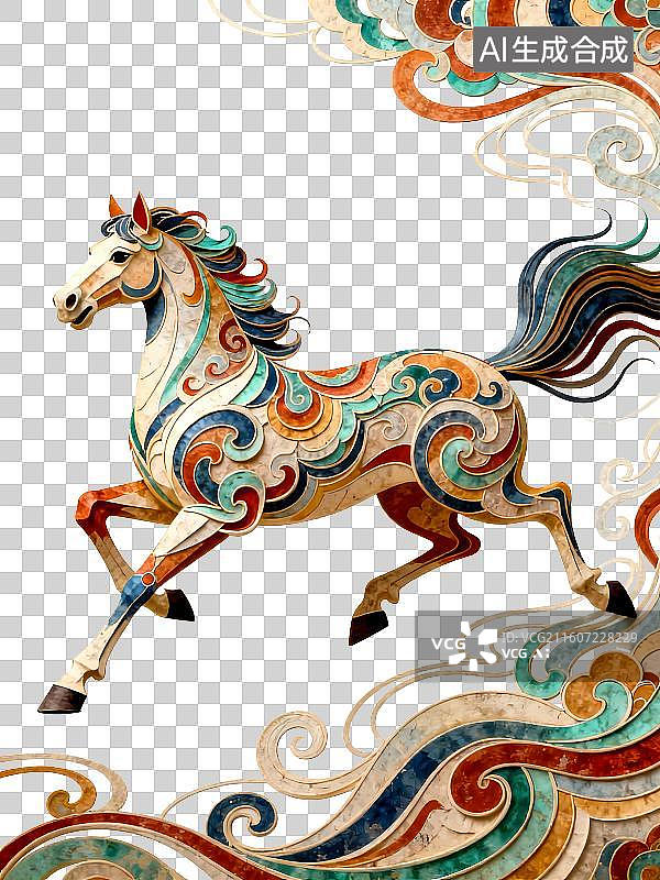 【AI数字艺术】国风卷草纹中的祥瑞金鬃马图片素材