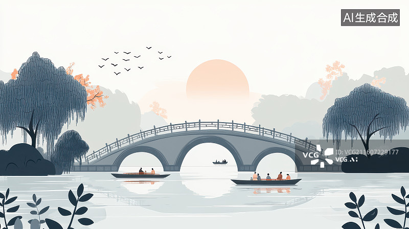 【AI数字艺术】江南水乡石桥游船插画图片素材