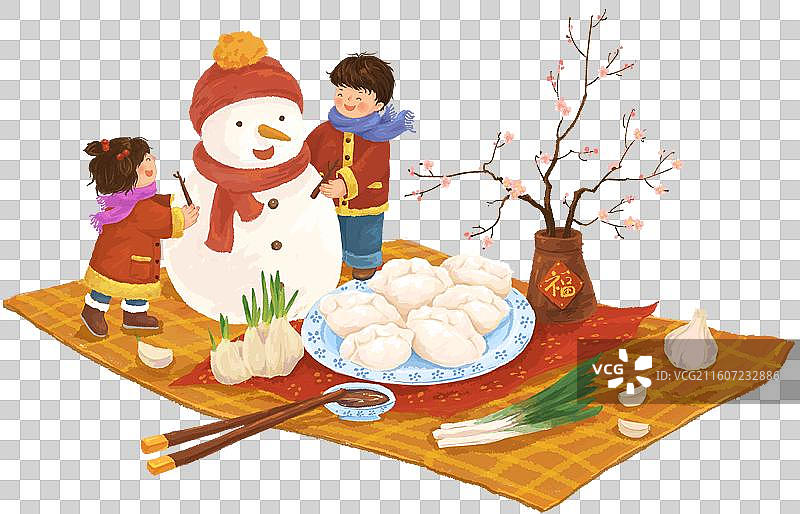 堆雪人的儿童和饺子梅花图片素材
