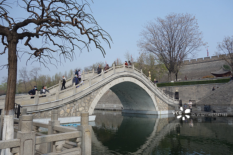 陕西西安明城墙西安城墙城门：西门外安定门外环城西苑护城河月亮桥图片素材