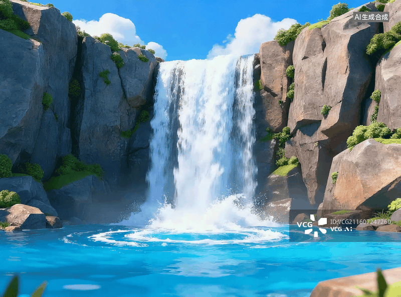 【AI数字艺术】山间垂落的瀑布图片素材