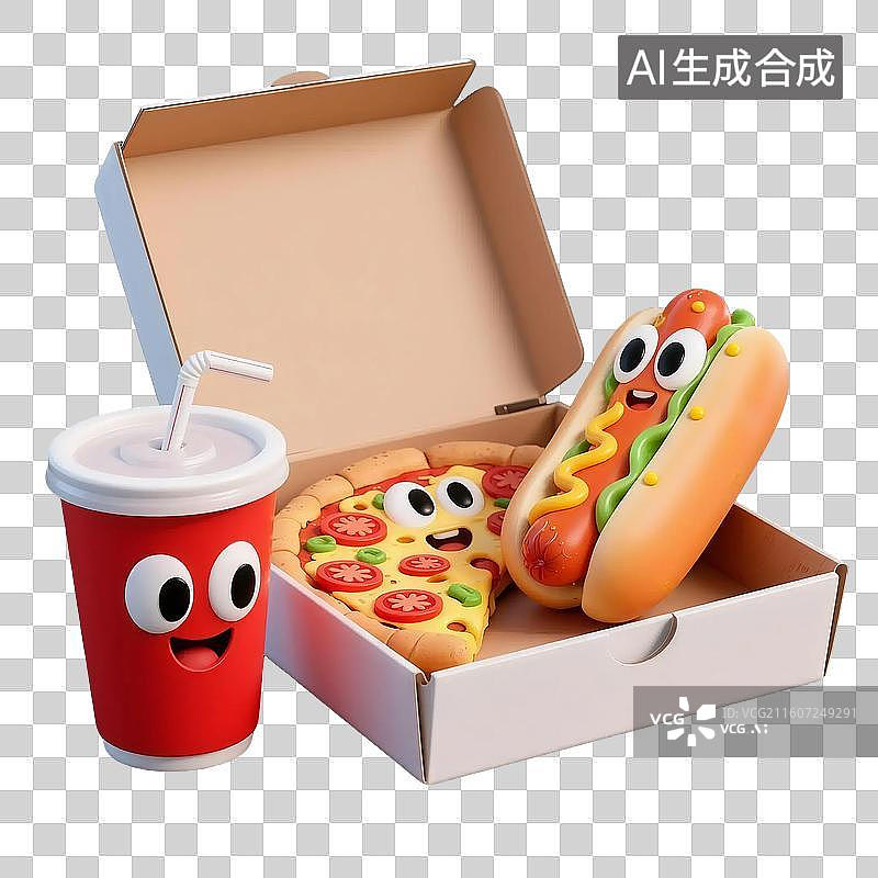 【AI数字艺术】3D立体餐饮外卖美食披萨热狗可乐套餐插画免抠元素图片素材