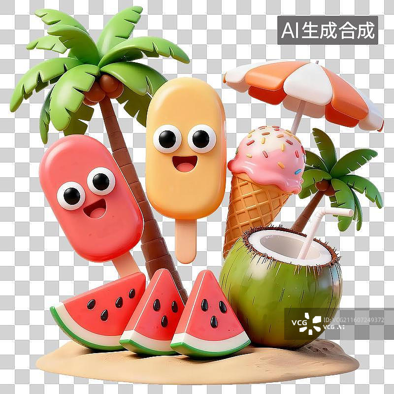 【AI数字艺术】3D立体夏日夏天度假餐饮美食冰淇淋甜筒椰子水西瓜插画免抠元素图片素材