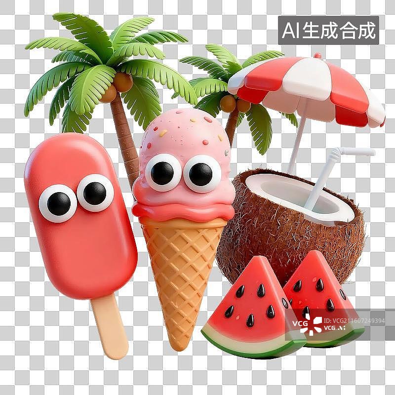 【AI数字艺术】3D立体夏日夏天度假餐饮美食冰淇淋甜筒椰子水西瓜插画免抠元素图片素材