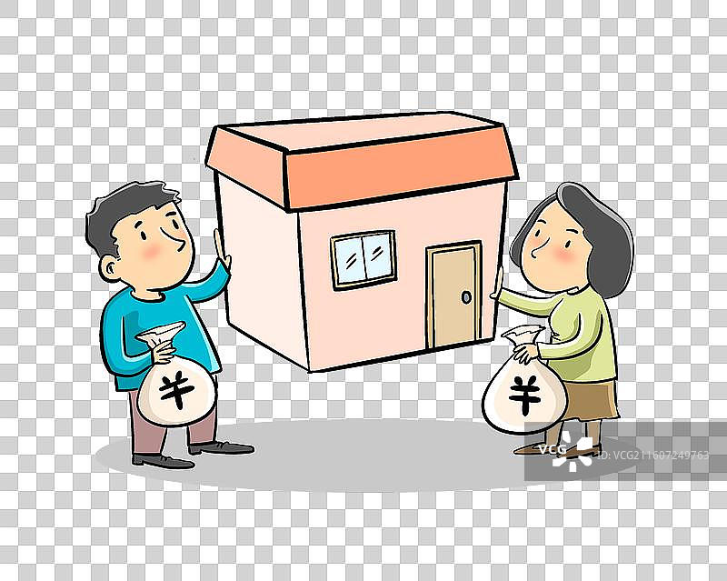 手拿钱袋的夫妻托举房屋图片素材