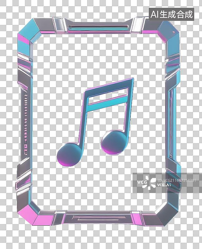 【AI数字艺术】AIGC：33金色赛博朋克风格边框和中间的音符，游戏互联网，元素，免抠图形图片素材