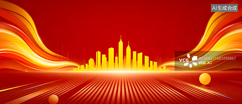【AI数字艺术】红色背景金色城市剪影与流动光带图片素材